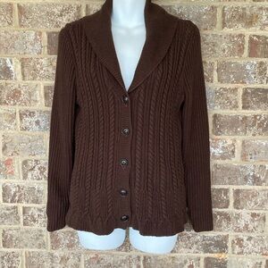 Ralph Lauren Brown Cable Knit Cardigan Sweater Size Large Collar  Cotton